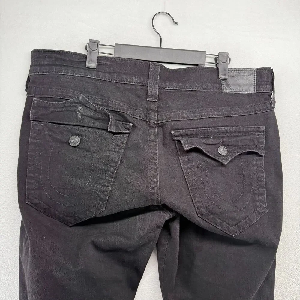 True Religion Jeans Mens 36 Black Ricky Relaxed Straight Made In USA Flap Pocket